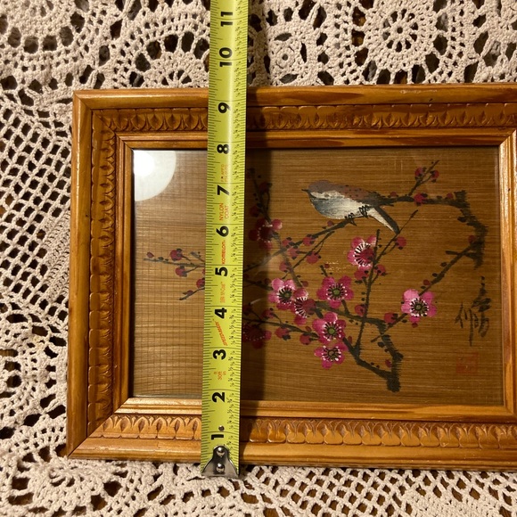Vintage Bamboo Scroll Painted Bird with Tree Blossoms Teak Framed Wall Decor - Picture 15 of 17